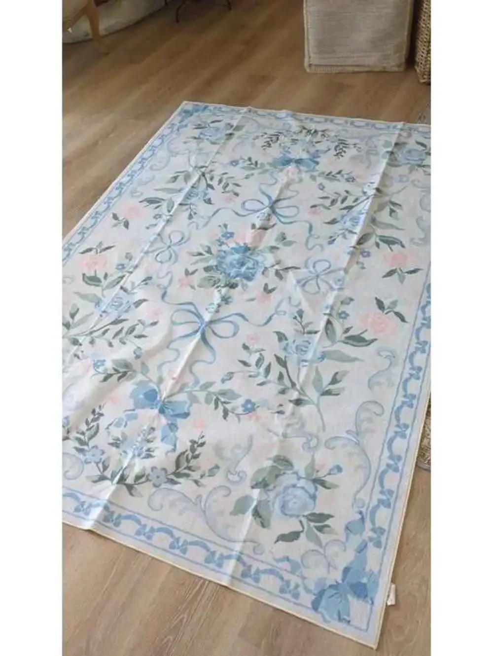Blue pink roses Floral Rug 5x7 for Girls Bedroom or Nursery, Cute Bow Washable